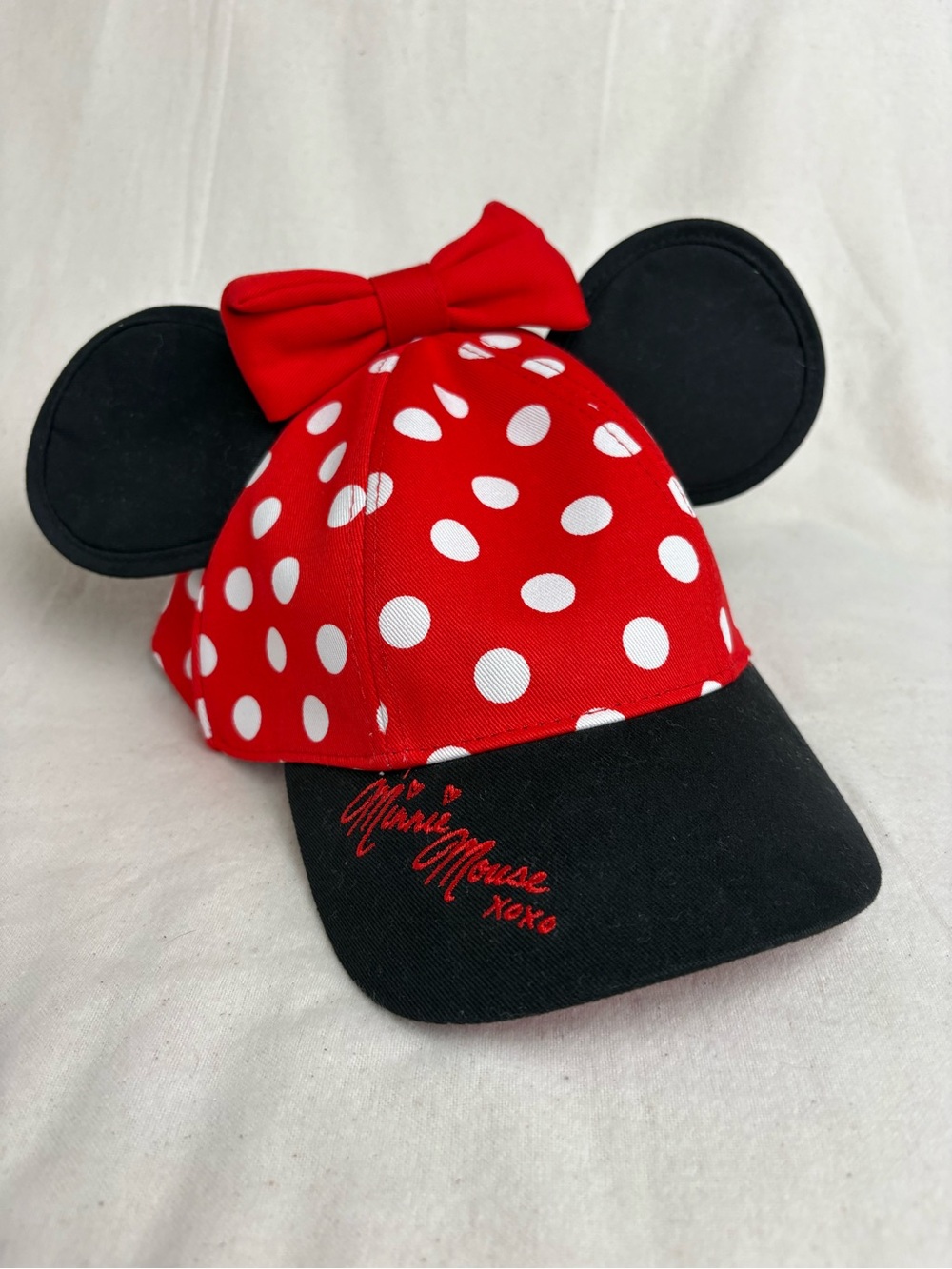 Disney Parks Youth Red & Black Minnie Mouse Polka Dot Hat, Bow Ears, COTTON, NWT